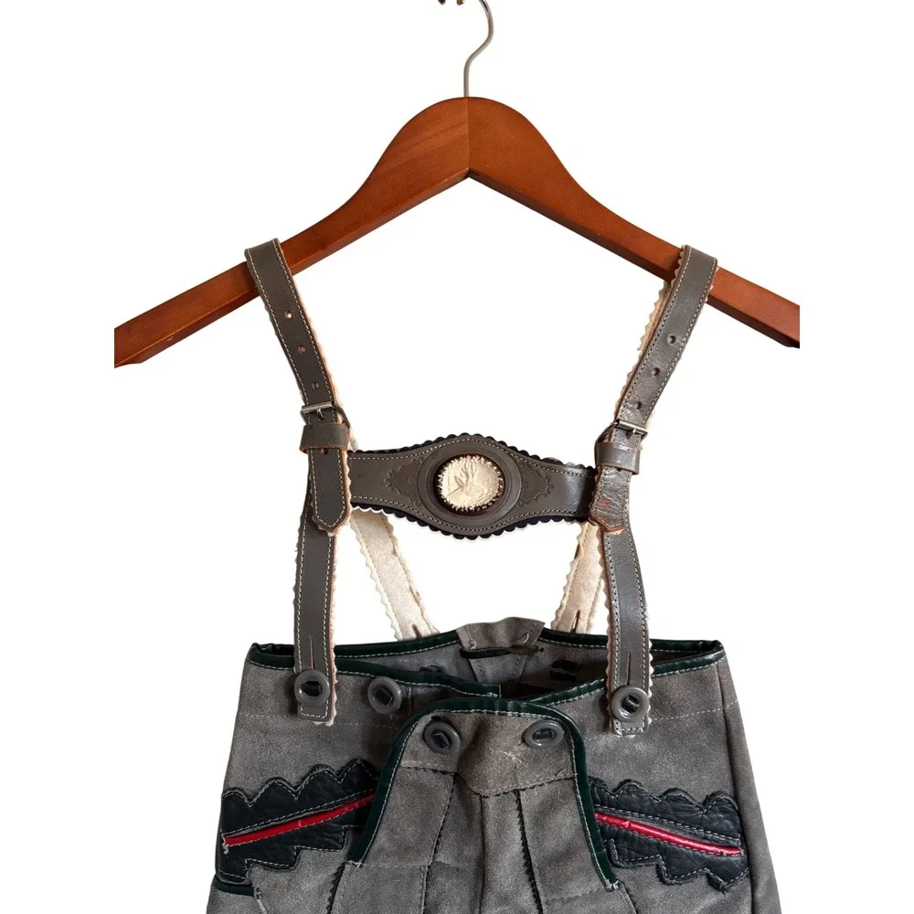 Kids Lederhosen German Style Suspender Shorts Gray‎ Leather Trim Oktoberfest